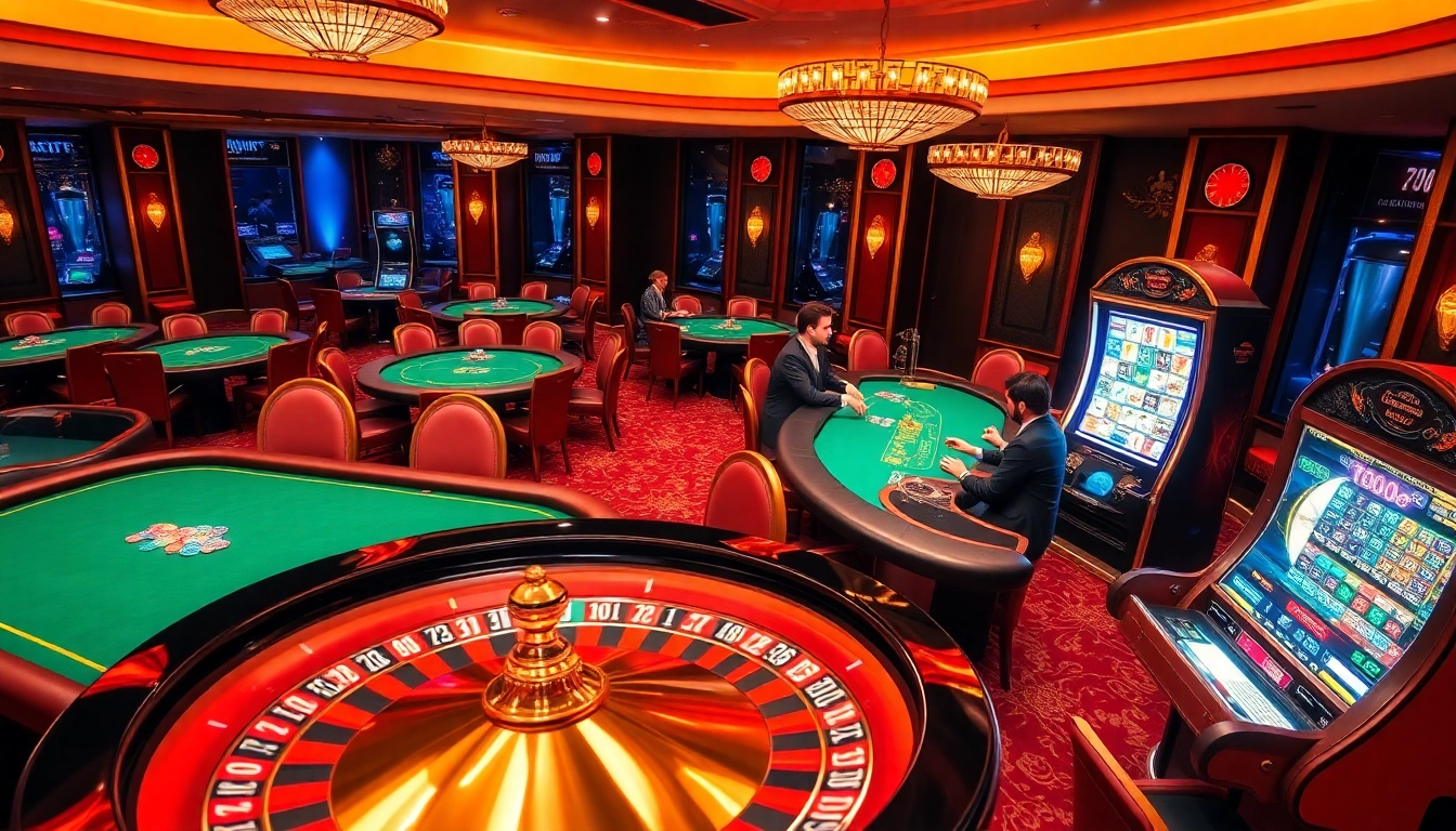 Players enjoying a thrilling experience at rr88 casino with roulette and poker tables.