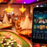 Tải App Nhà Cái 68VIP displayed on a smartphone amid an engaging casino gaming environment.