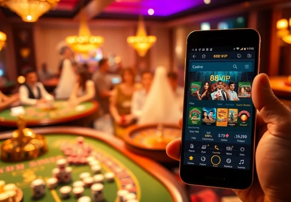 Tải App Nhà Cái 68VIP displayed on a smartphone amid an engaging casino gaming environment.