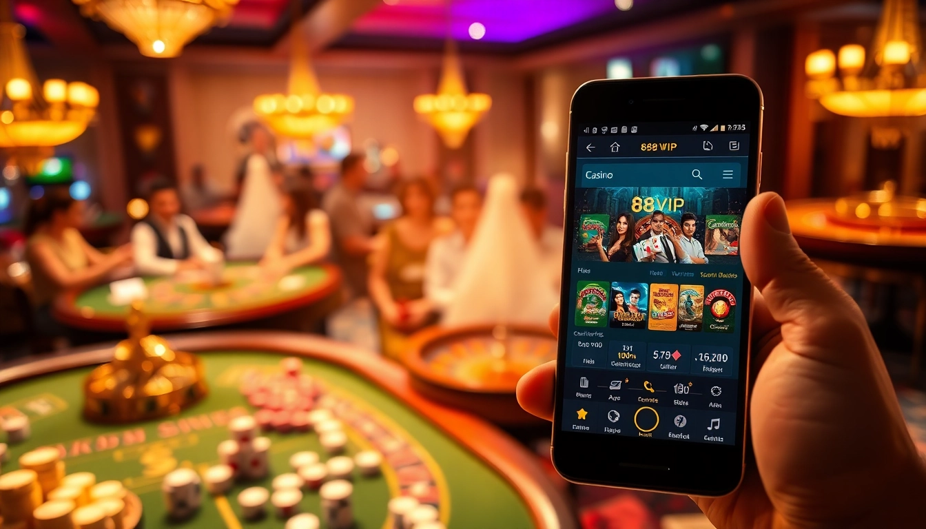 Tải App Nhà Cái 68VIP displayed on a smartphone amid an engaging casino gaming environment.
