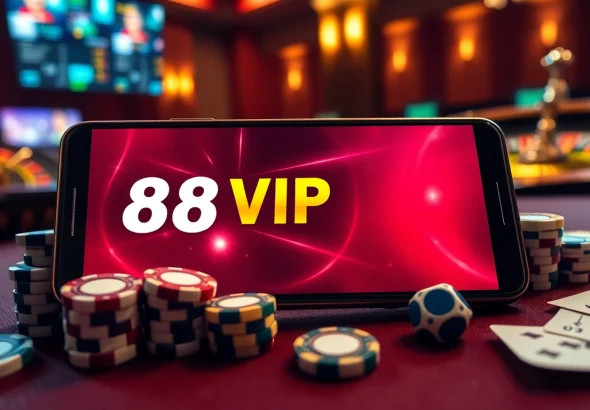 Tải App Nhà Cái 68VIP on smartphone surrounded by poker chips and cards in an exciting casino atmosphere.