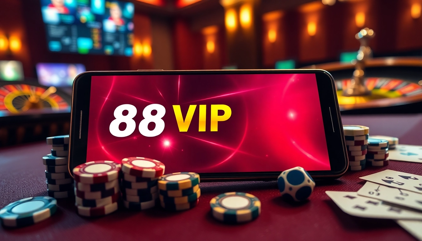 Tải App Nhà Cái 68VIP on smartphone surrounded by poker chips and cards in an exciting casino atmosphere.