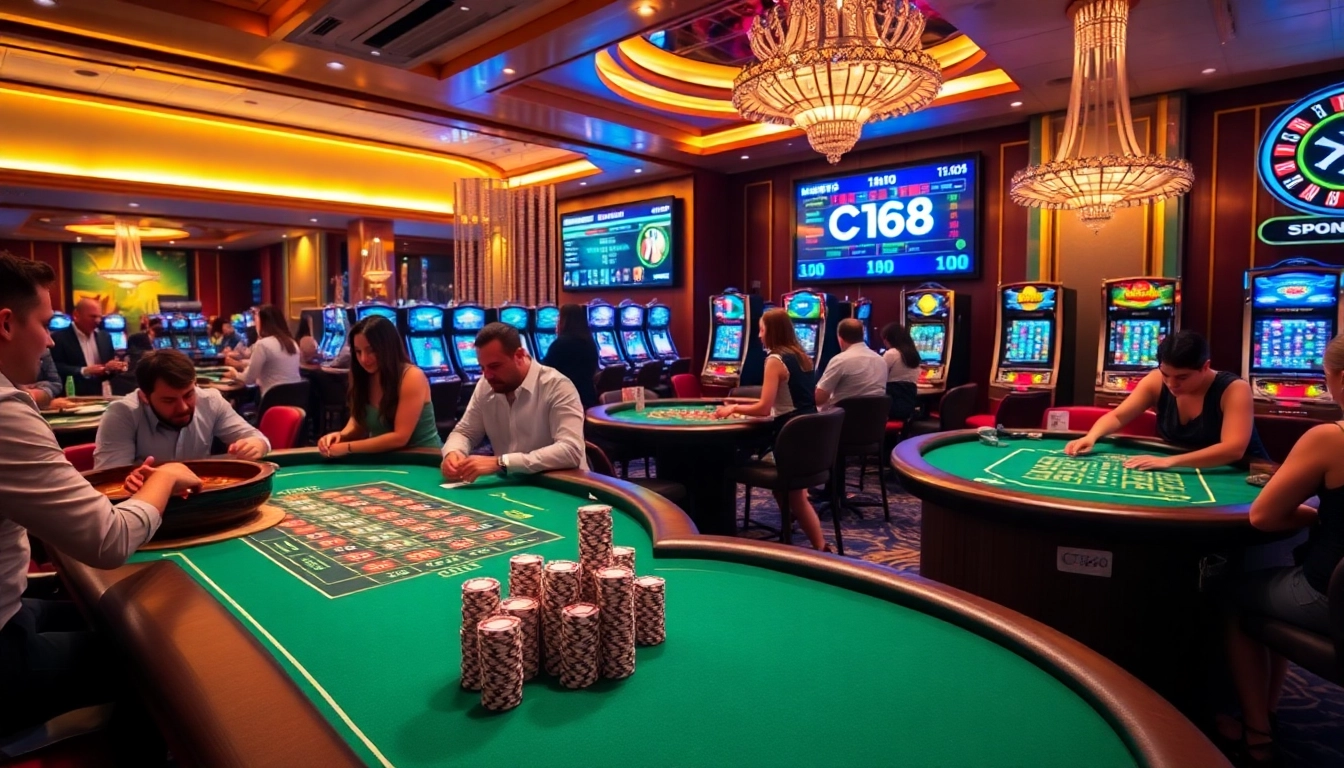 C168 casino environment showcasing vibrant gaming tables and excited players.